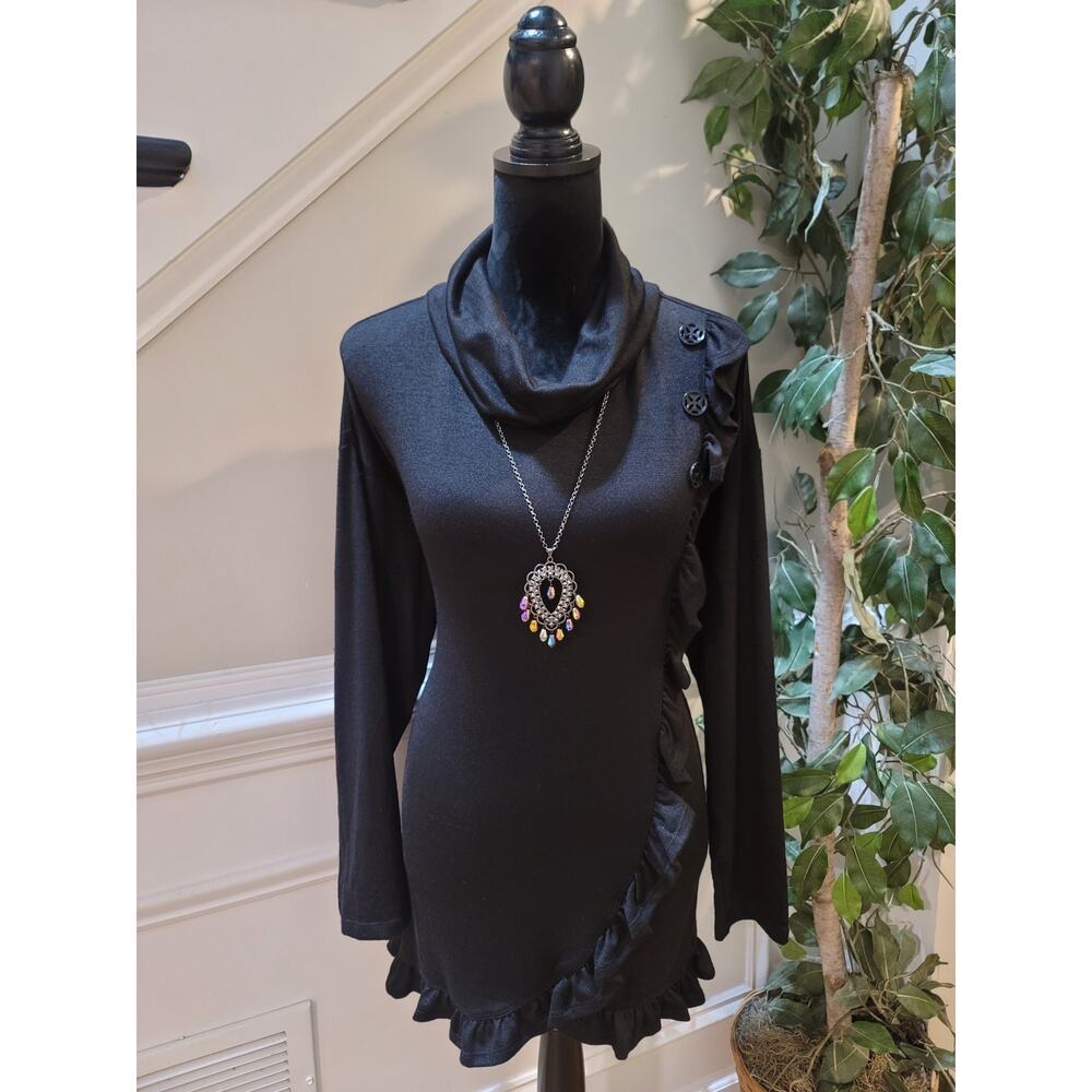 Multiples Sweater Women's Large Black Cowl Neck Long Sleeve Ruffle Hem Stretch